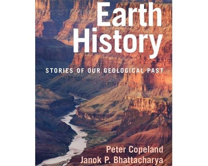 Earth History book cover showing a river running through the red rock gorge of the Grand Canyon in America.