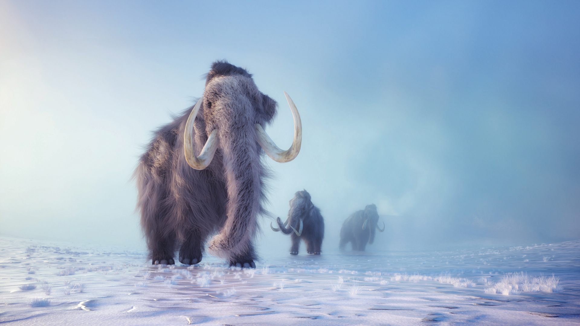 Illustration of woolly mammoths in a winter landscape