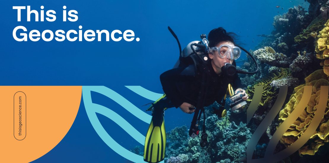 This Is Geoscience campaign poster showing a woman scuba diving.