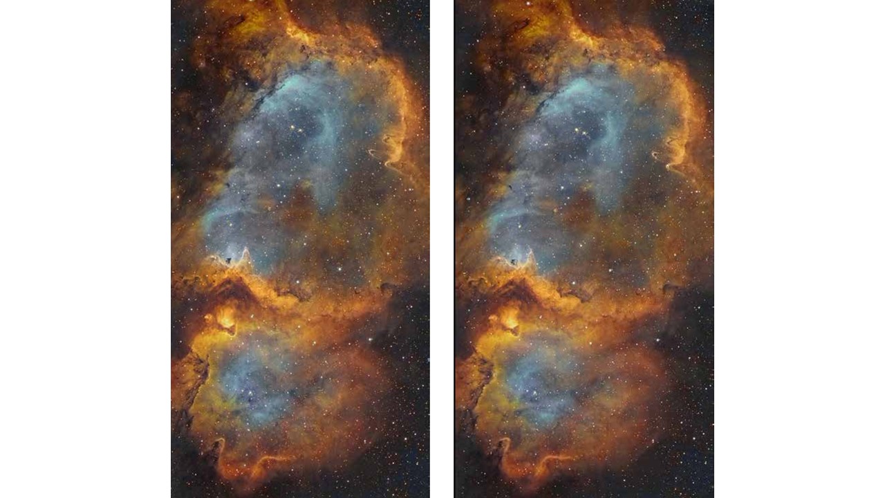 Two side-by-side images of a star-forming region with clouds in blue and orange colours and specks of light from stars.