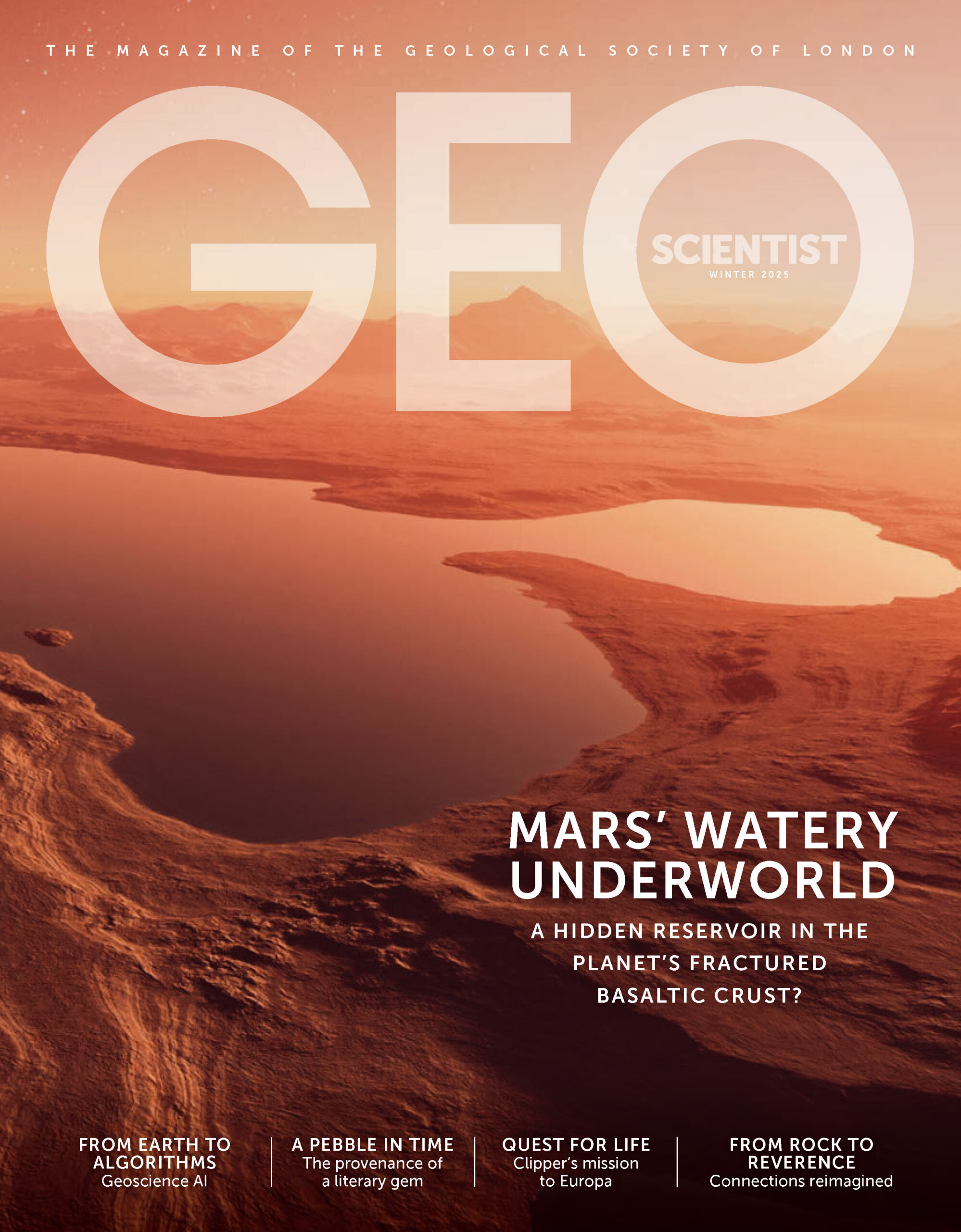 Magazine cover with text and image of Mars' surface