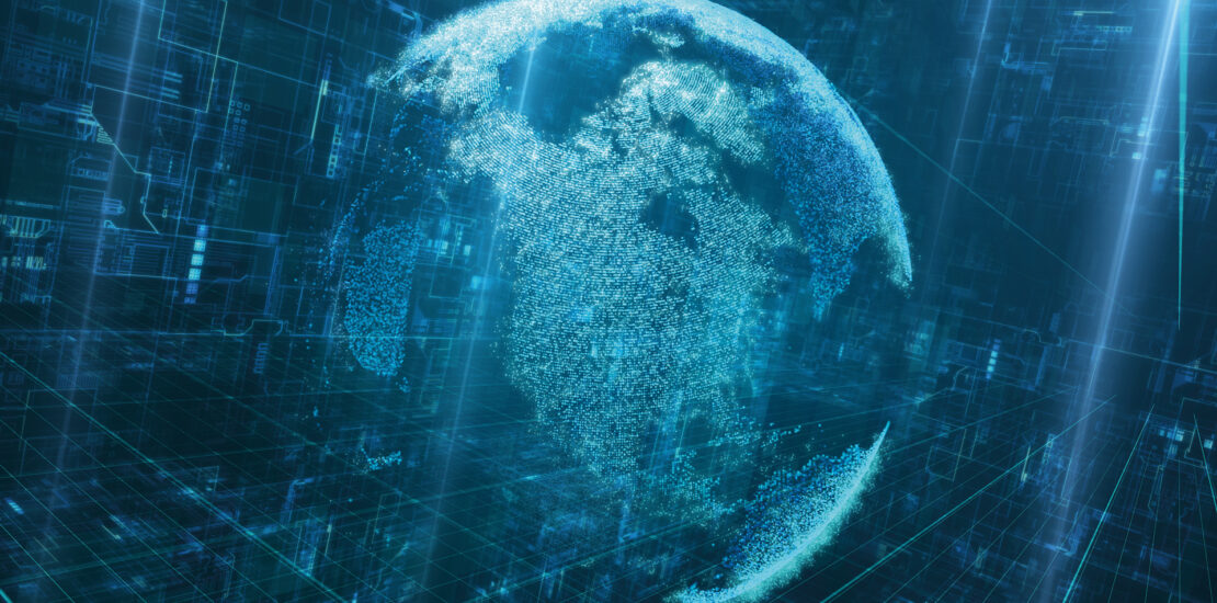 Glowing particle earth and huge digital space.