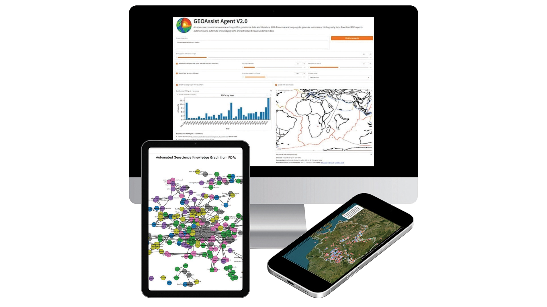 Monitor, iPad and phone with geological applications on the screens