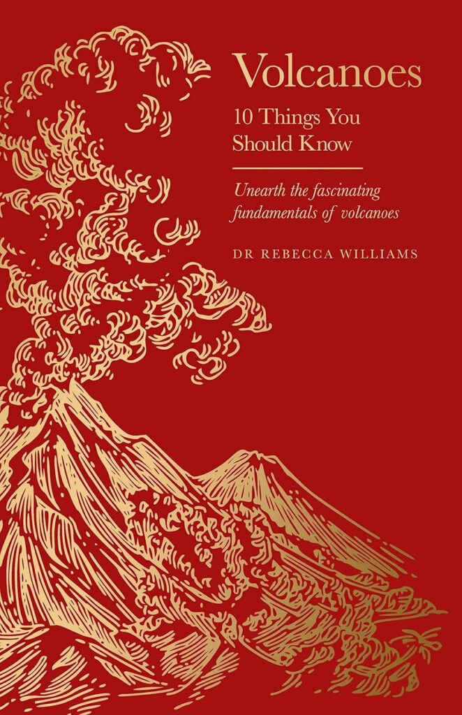 A red book cover shows the outline of volcanoes billowing smoke in gold foiling.